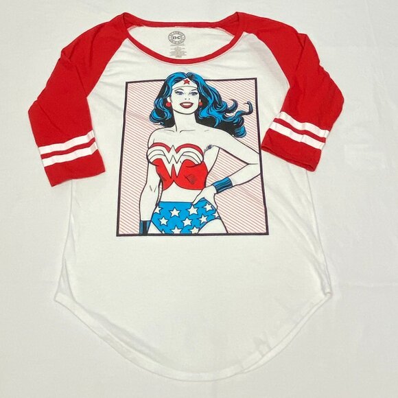 DC Comics Scoop Neck & Hem Wonder Woman 3/4 Raglan Sleeve Tee Shirt Red White XL - Picture 7 of 10